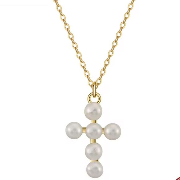 Genuine Cultured Pearl Cross in 14k over Sterling Silver Pendant Necklace - Picture 1 of 5